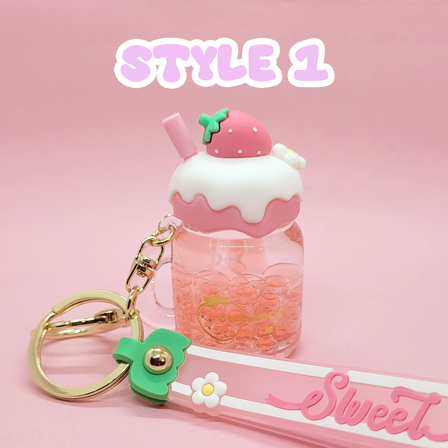 Pink Strawberry Liquid Keychain